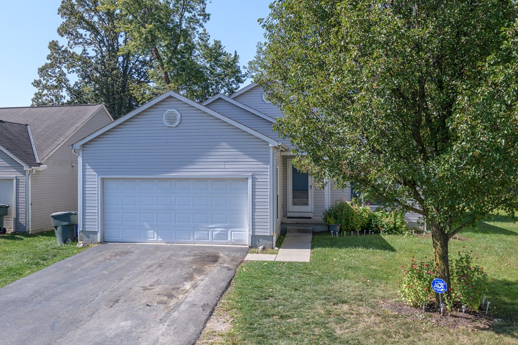a blue house with a blue garage door and a tree