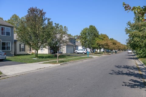 a street in a neighborhood with houses and trees