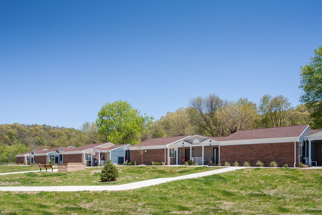 a group of houses on the side of a grass field