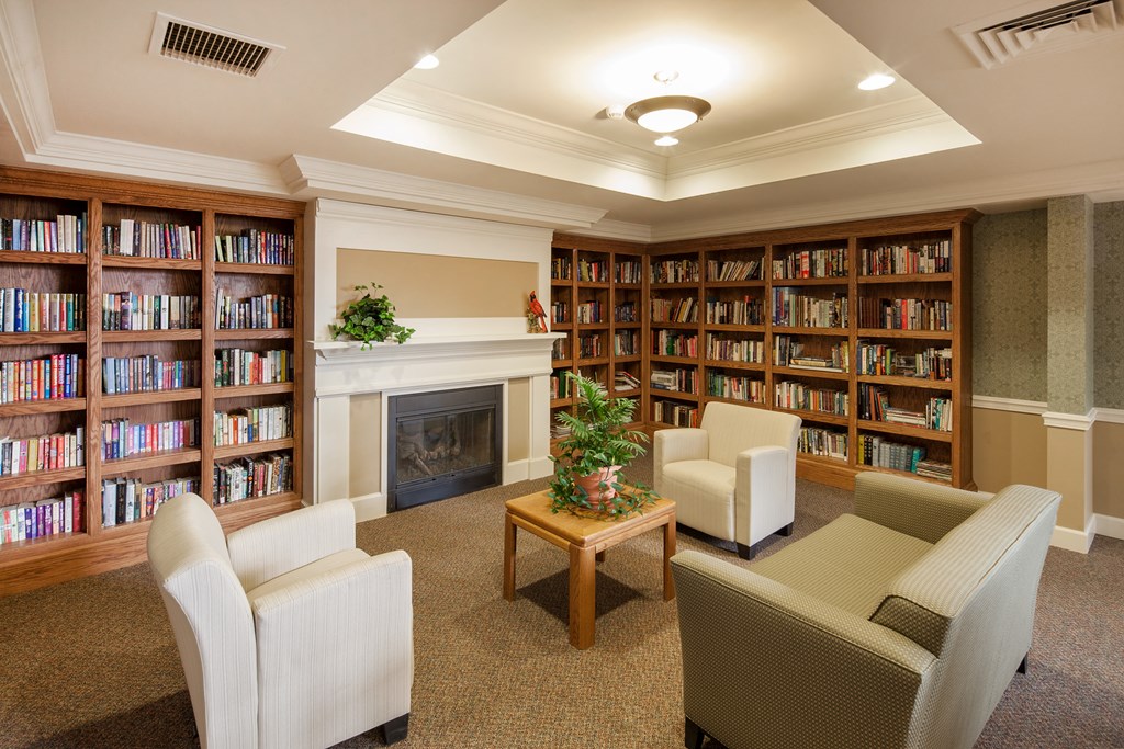 a library with couches and chairs and a fireplace