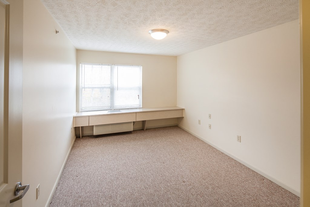 an empty room with a window and a carpeted floor