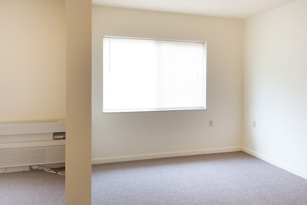 an empty room with a window and a carpet
