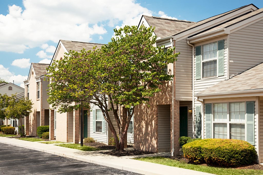 a row of town houses with trees in front of them