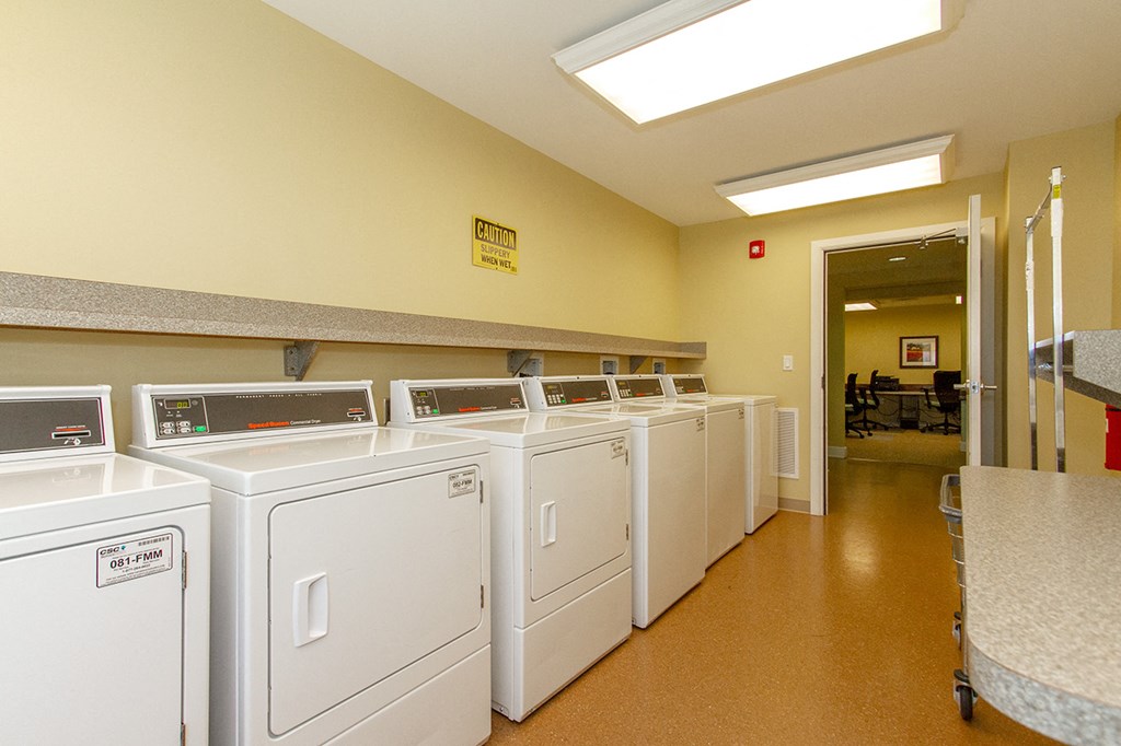 a row of washers and dryers in a laundry room
