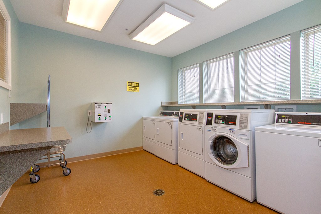 a laundry room with washes and dryers and a counter with a washing machine