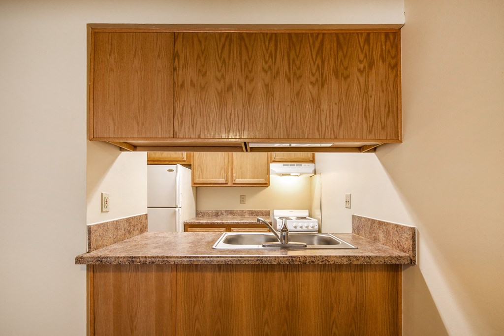 a kitchen with wooden cabinets and a sink and a refrigerator