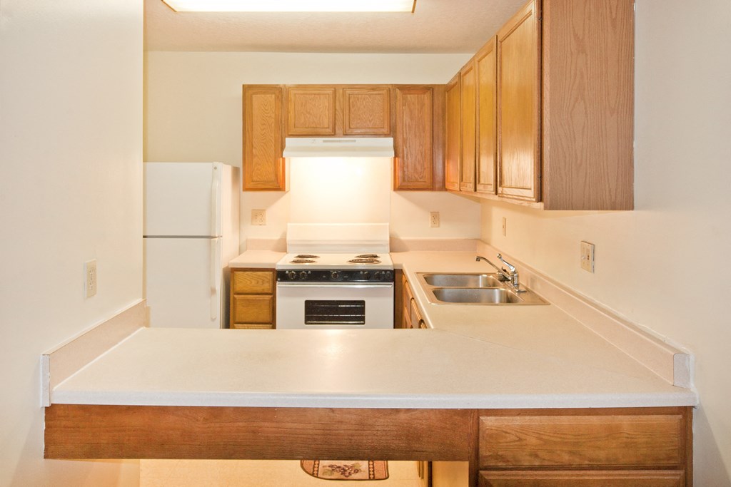 a kitchen with a sink and a stove and a refrigerator