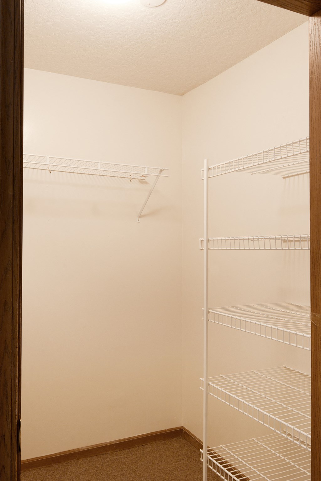 a walk in closet with white shelves and a white closet door