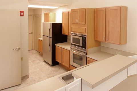 a kitchen with stainless steel appliances and wooden cabinets