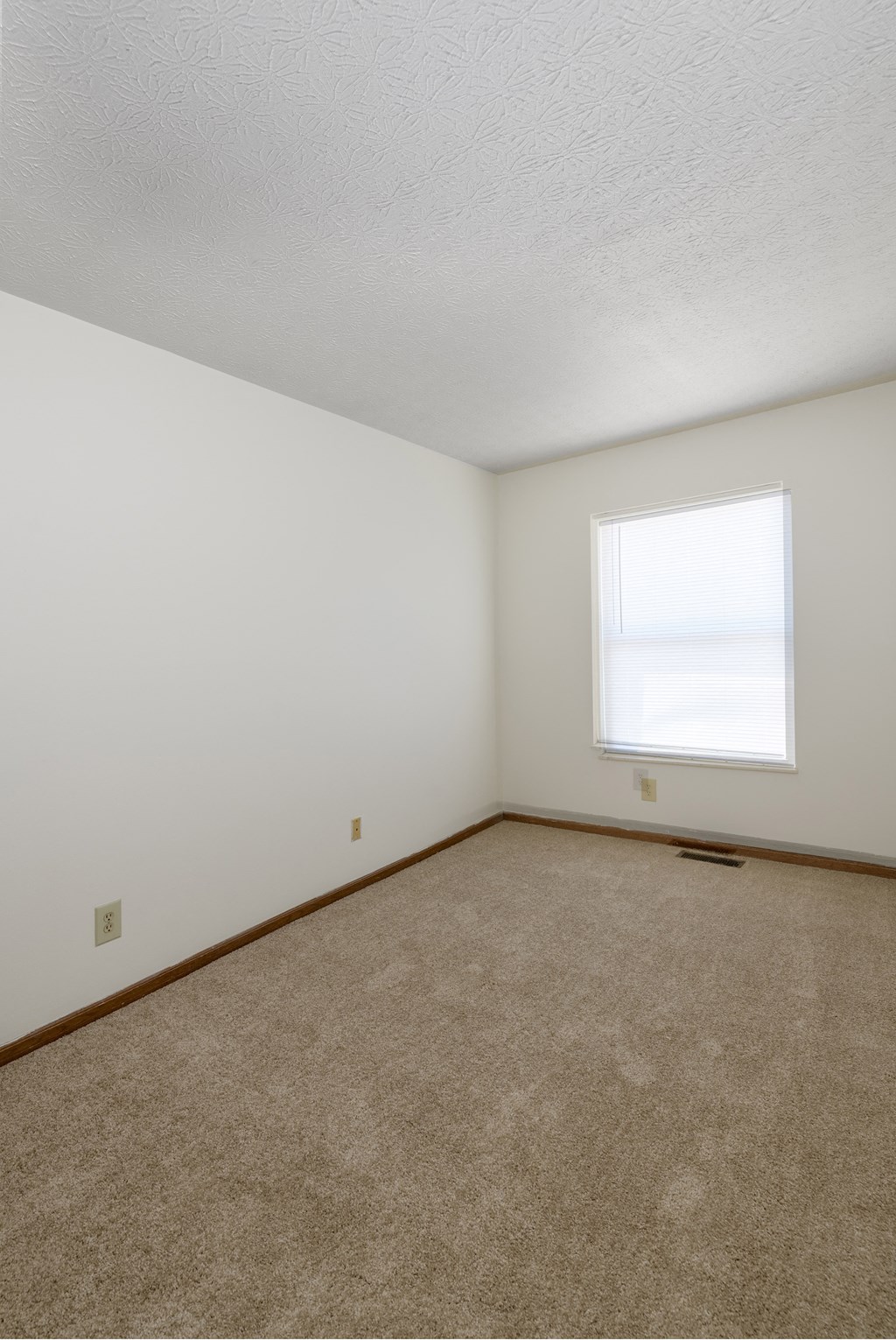 an empty room with carpet and a window