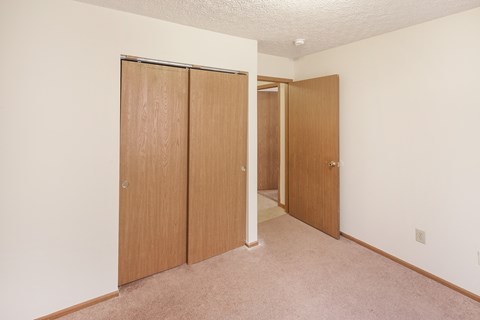 a bedroom with two closet doors and a carpeted floor