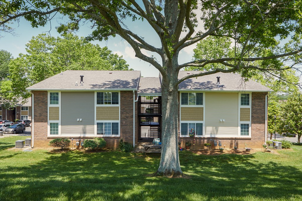 the view of a house with a large tree in front of it