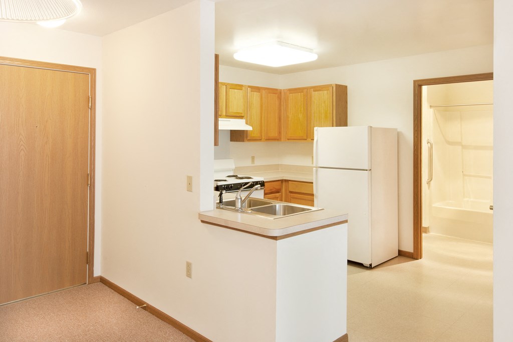 a kitchen with a sink and a refrigerator in a house