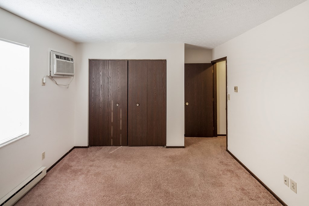 an empty room with carpet and a door to a closet