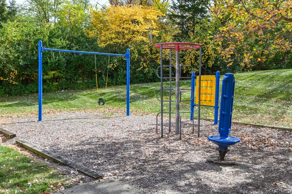 a playground with a swing set and monkey bars