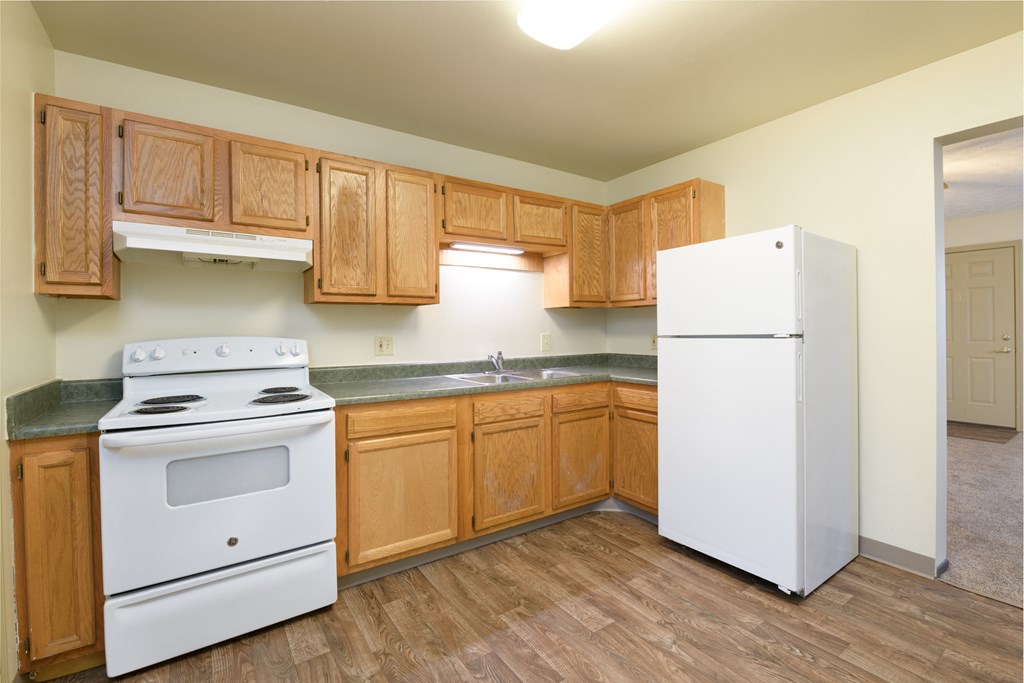 an empty kitchen with a stove refrigerator and sink