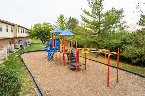 a playground in a yard with a blue and yellow swing set
