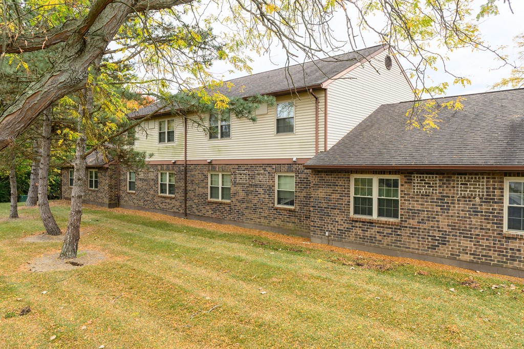 the back of a house with a yard and a tree