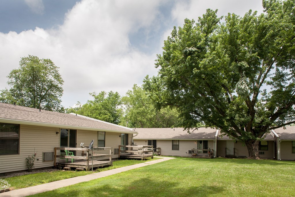 a group of houses with a yard and a tree