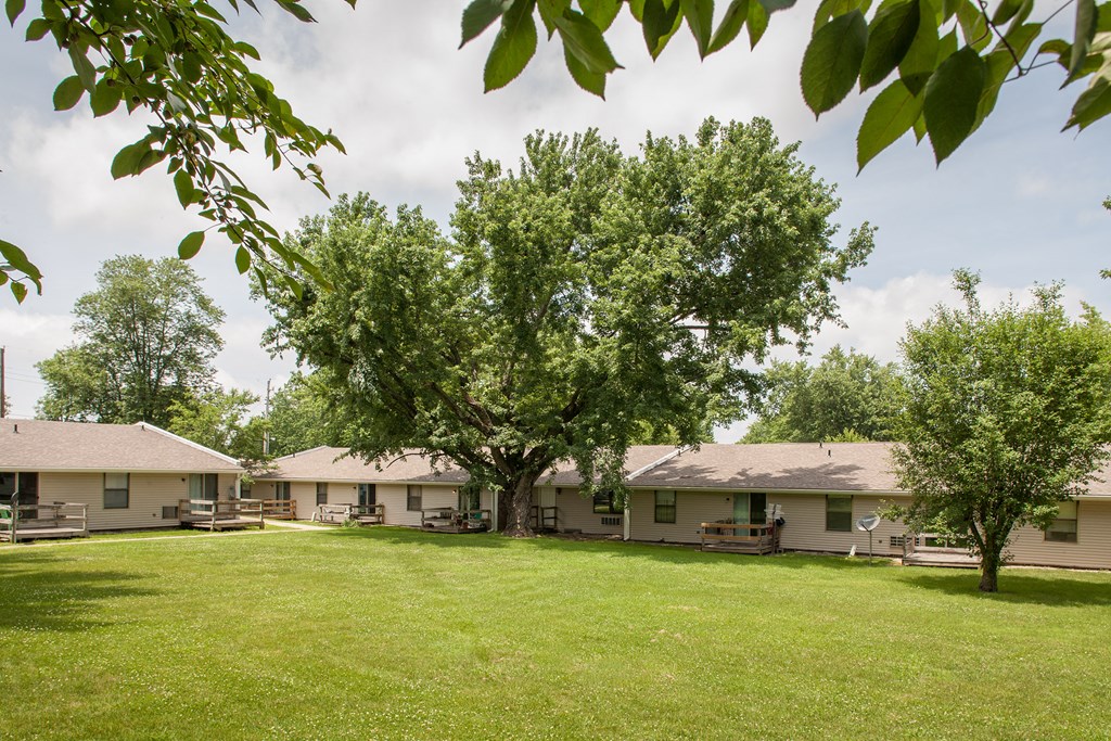 a row of houses with trees in the grass