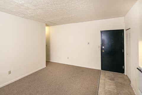 the living room of an apartment with a black door