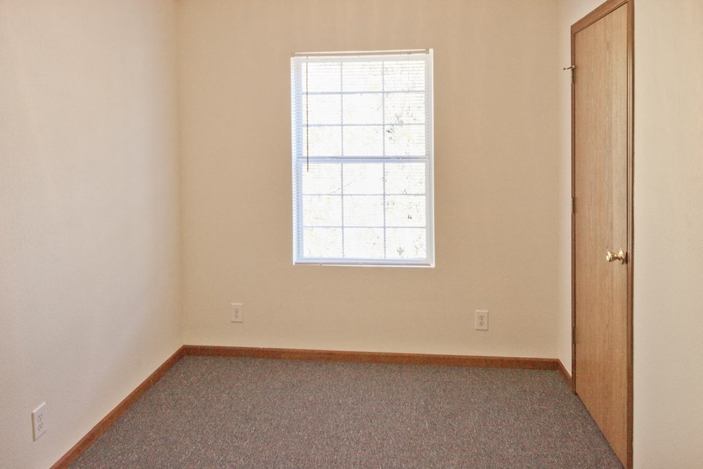 an empty room with a window and carpet
