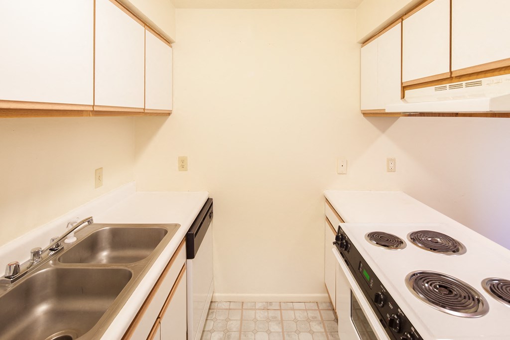a kitchen with white cabinets and a stove and sink