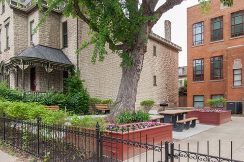 a courtyard with a tree and a picnic table in front of a building