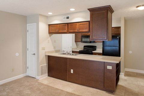 a kitchen with wooden cabinets and a sink and a refrigerator