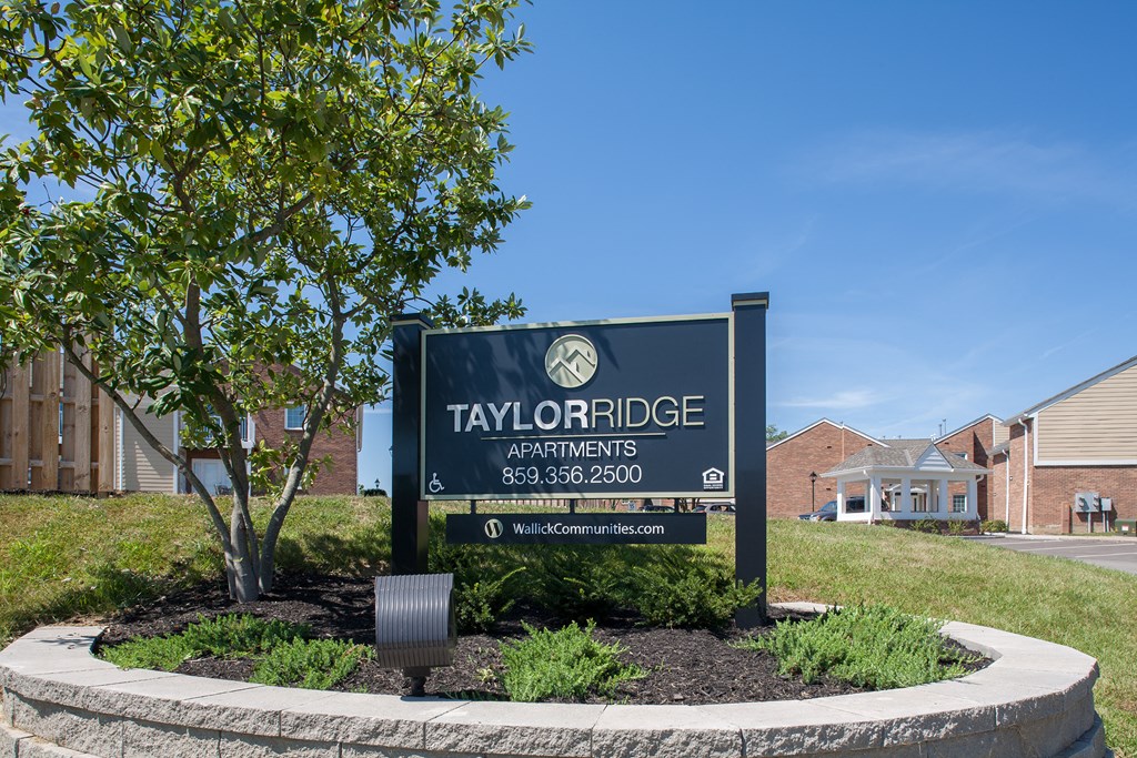 a sign apartments in front of a tree