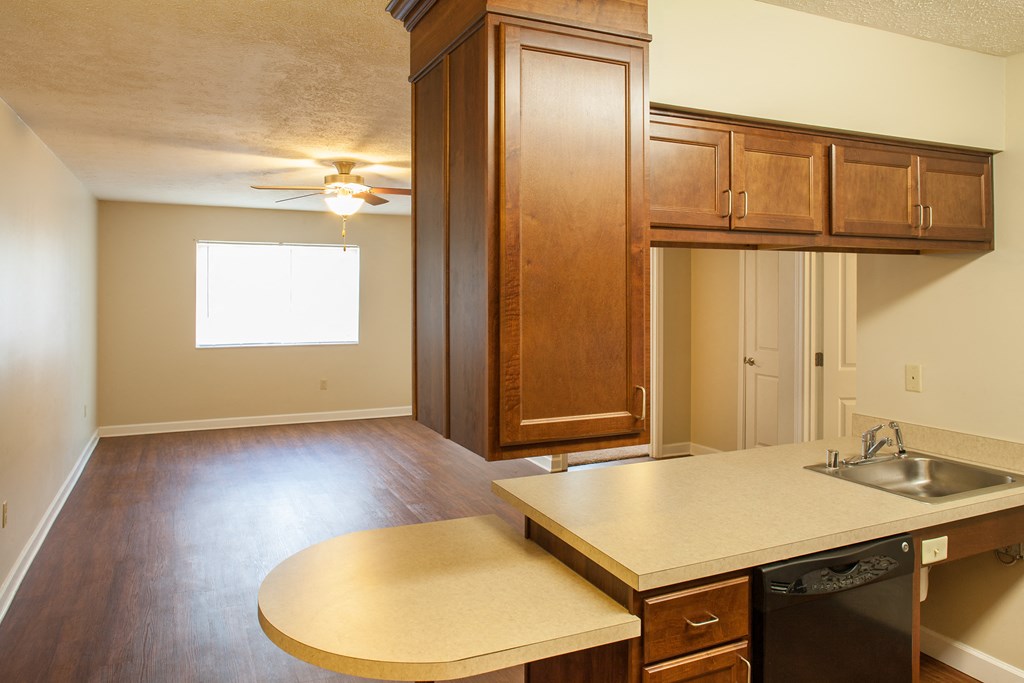 the view of a kitchen from the living room of an empty home