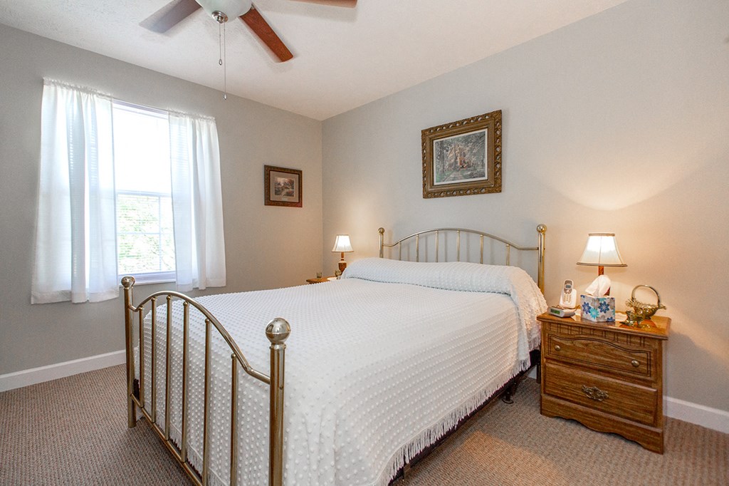 a bedroom with a bed and a ceiling fan