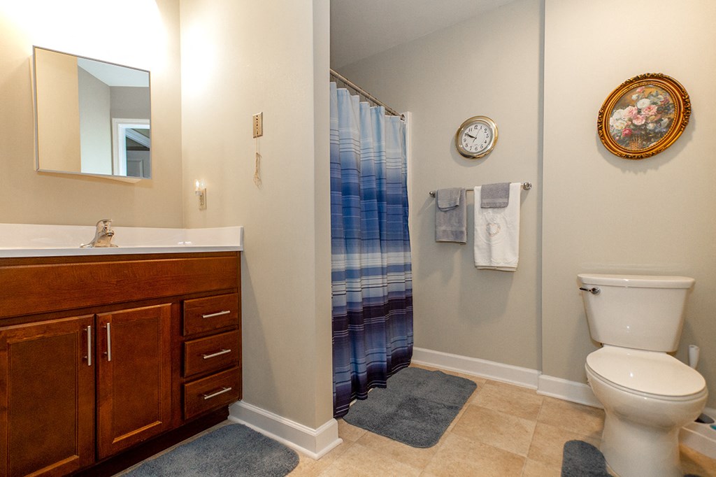 a bathroom with a toilet sink and shower and a mirror