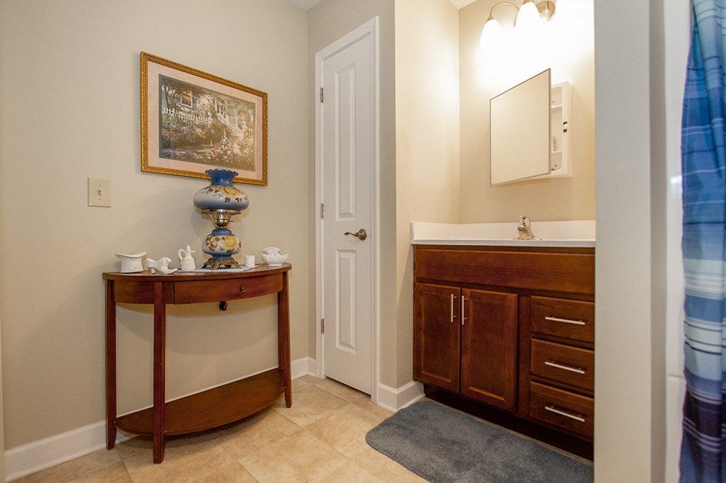 a bathroom with a sink and a mirror and a door