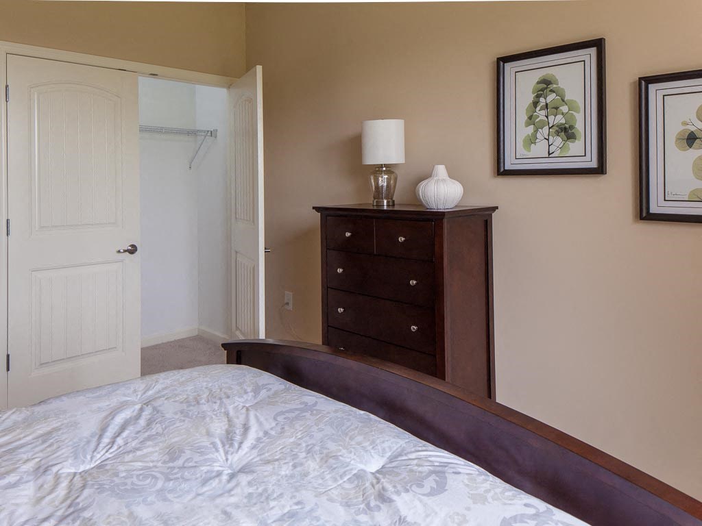 a bedroom with a bed and a dresser and a closet