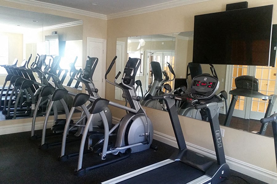 the gym is equipped with cardio equipment and a large mirror