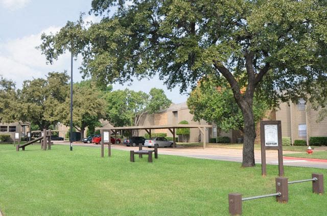 a park with a tree and a sign