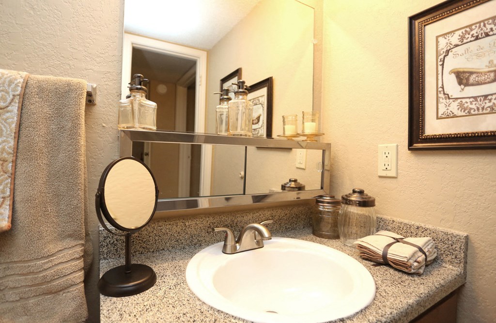 a bathroom with a sink and mirror and a towel rack