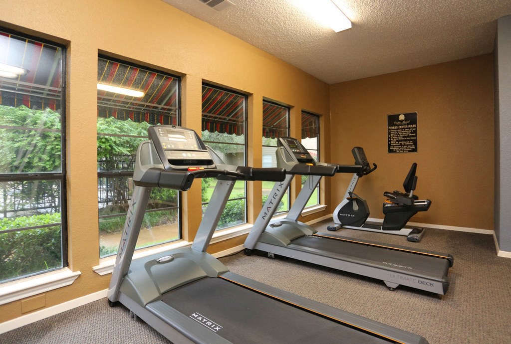 the gym is equipped with a treadmill and a large window