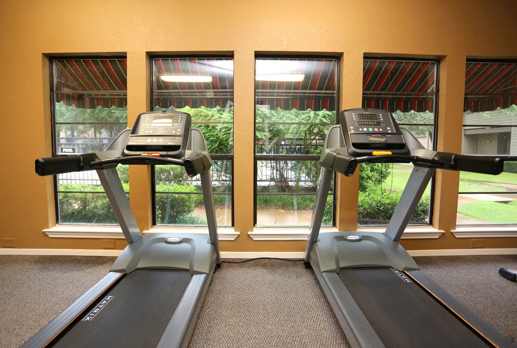 two treadmills in front of windows in a gym
