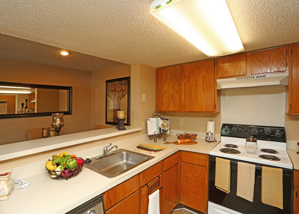a kitchen with a sink and stove and a counter top