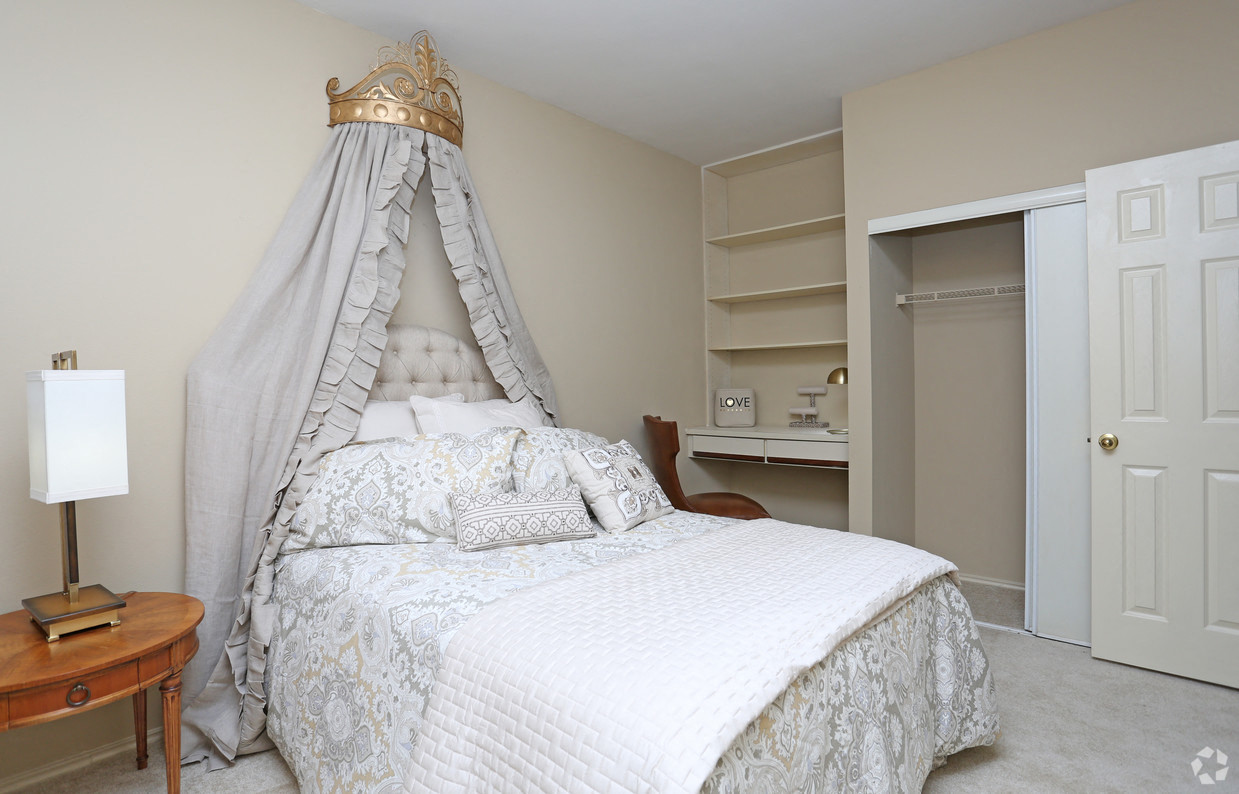 a bedroom with a bed with a white canopy