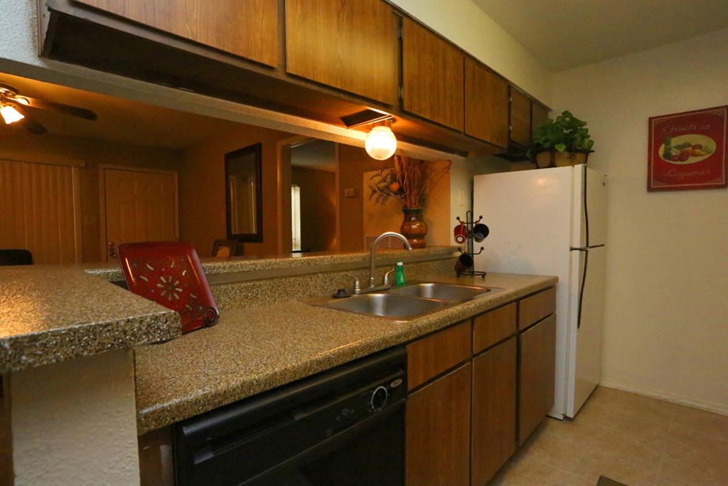 a kitchen with a sink and a refrigerator