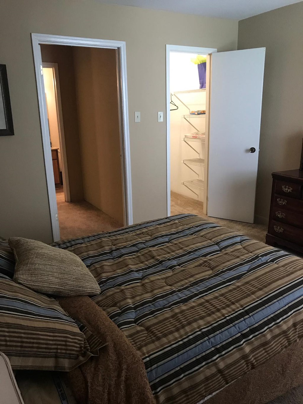 a bedroom with a bed and a closet