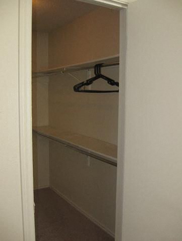 a closet with shelves and a hanger in it