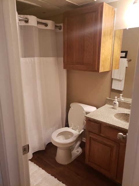 a bathroom with a toilet and a sink and a shower