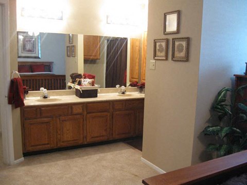 a bathroom with two sinks and a large mirror