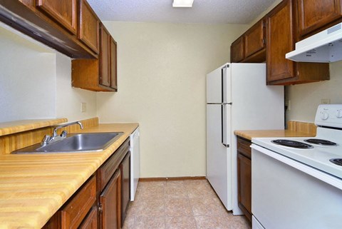 a kitchen with a stove refrigerator and a sink