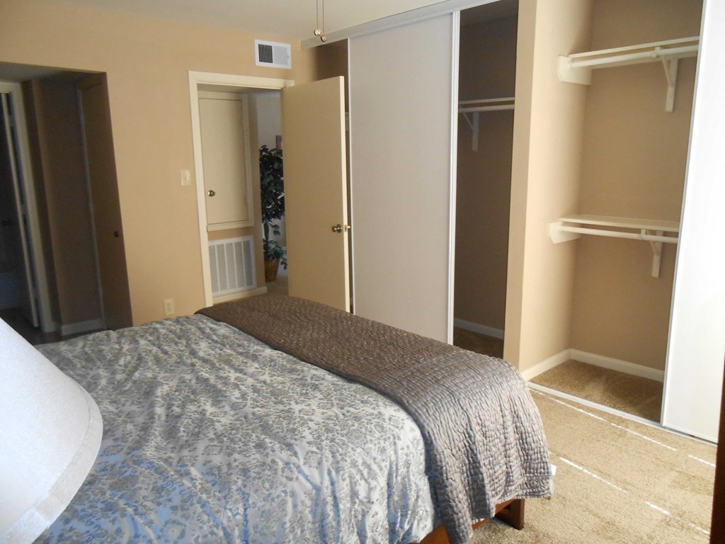 a bedroom with a bed and a closet