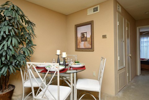 a dining area with a table and chairs and a plant